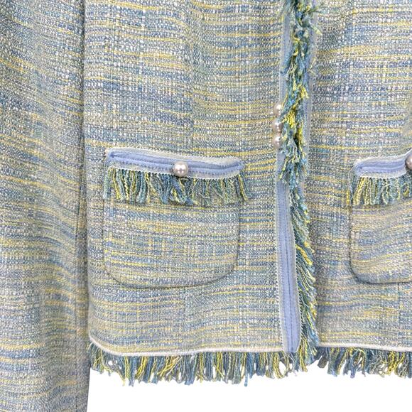 Worth New York NWT Green Yellow Boucle Tweed Fringe Trim Designer Blazer Jacket - Picture 6 of 16